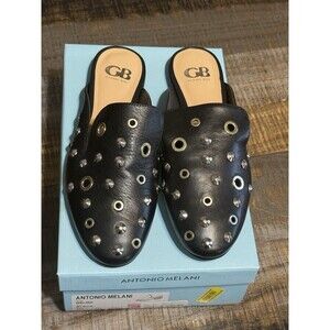 GIANNI BINI Black Leather Silver Studded/Grommet Casual Dressy Mules/Slides 10M